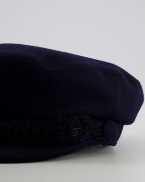 Chanel Paris-Hamburg Metiers d'Art Navy Wool Newsboy Hat with Tweed Band and Black CC Logo Detail Size M