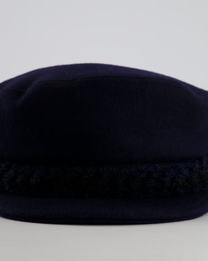 Chanel Paris-Hamburg Metiers d'Art Navy Wool Newsboy Hat with Tweed Band and Black CC Logo Detail Size M
