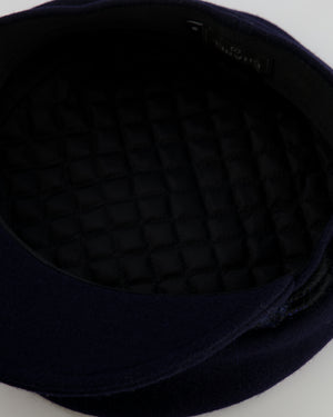 Chanel Paris-Hamburg Metiers d'Art Navy Wool Newsboy Hat with Tweed Band and Black CC Logo Detail Size M