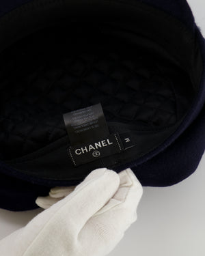 Chanel Paris-Hamburg Metiers d'Art Navy Wool Newsboy Hat with Tweed Band and Black CC Logo Detail Size M