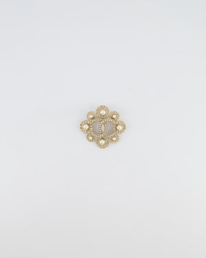 Chanel 16A Champagne Gold Textured Floral CC Logo Brooch with Pearl Embellishments