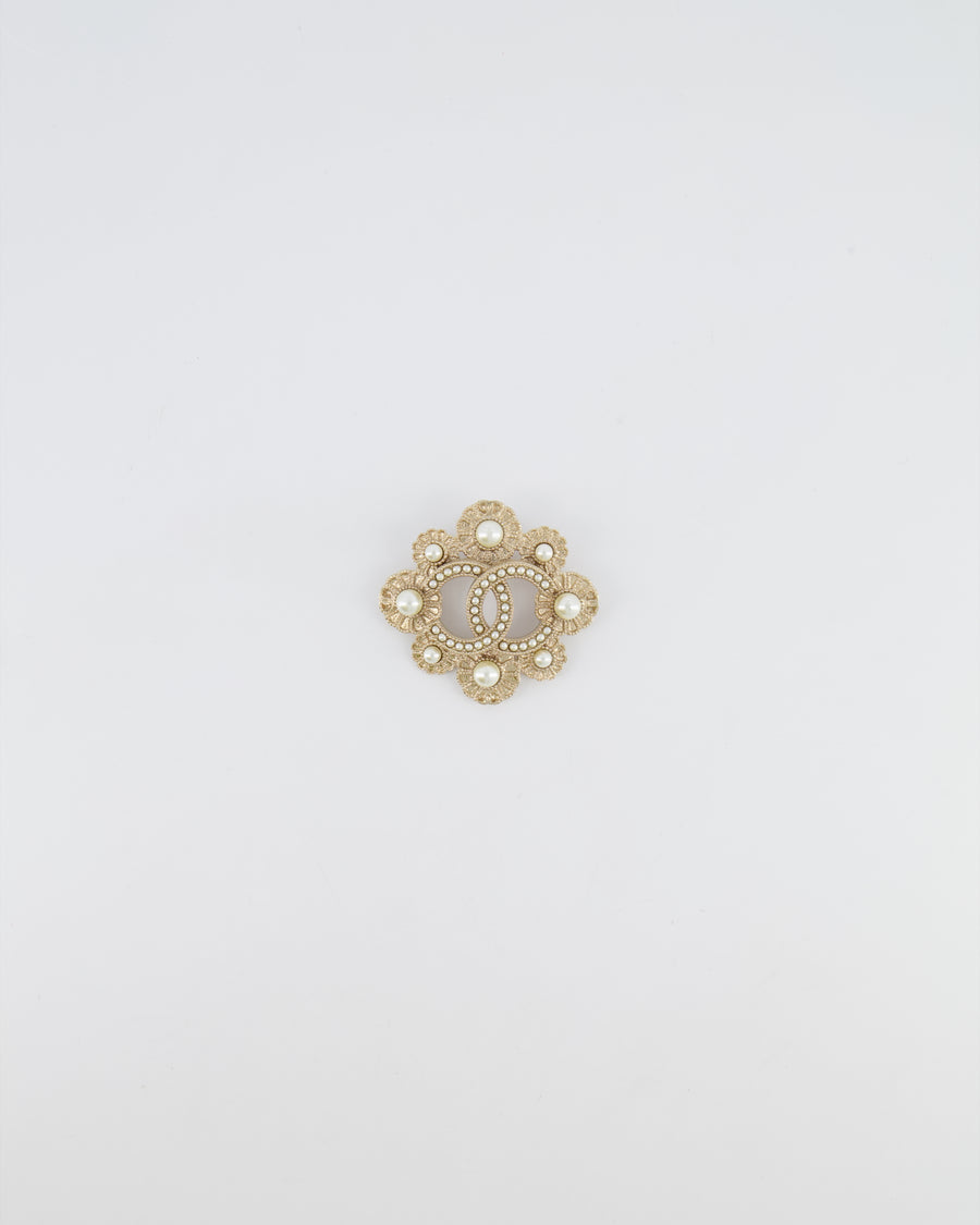 Chanel 16A Champagne Gold Textured Floral CC Logo Brooch with Pearl Embellishments