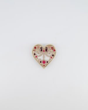 Chanel 16K Gold Textured Pearl and Crystal Embellished Heart Brooch with CC Logo Peace Signs and Purple and Pink Enamel Details
