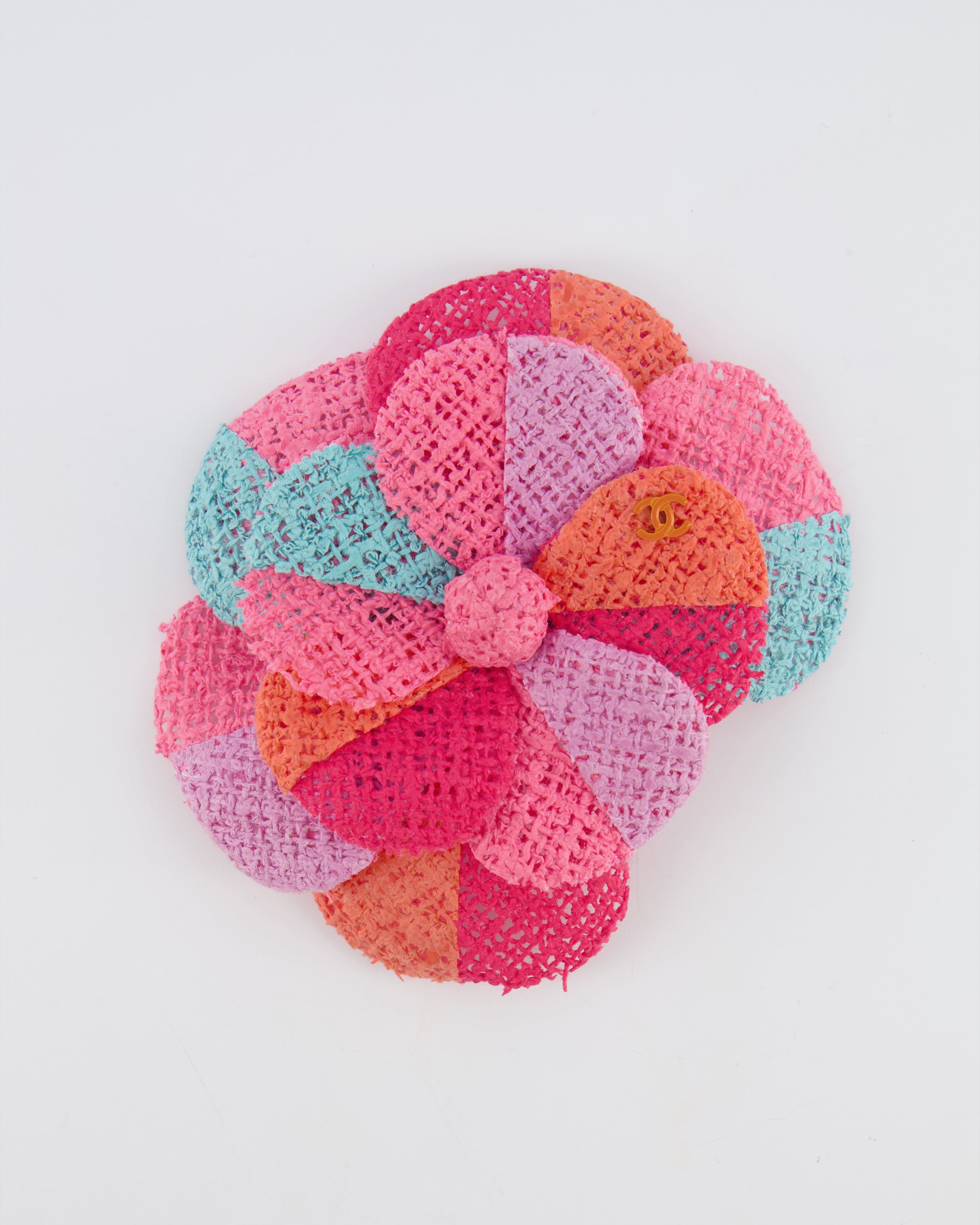 Chanel 16C Multi-Colour Camellia Woven Brooch with Orange CC Logo