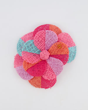 Chanel 16C Multi-Colour Camellia Woven Brooch with Orange CC Logo Detail