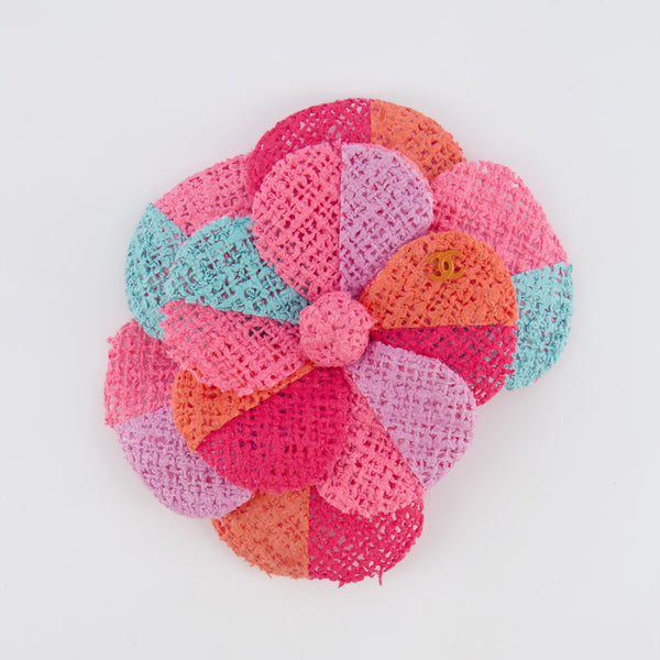 Chanel 16C Multi-Colour Camellia Woven Brooch with Orange CC Logo