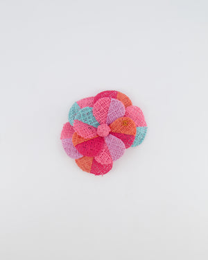 Chanel 16C Multi-Colour Camellia Woven Brooch with Orange CC Logo Detail