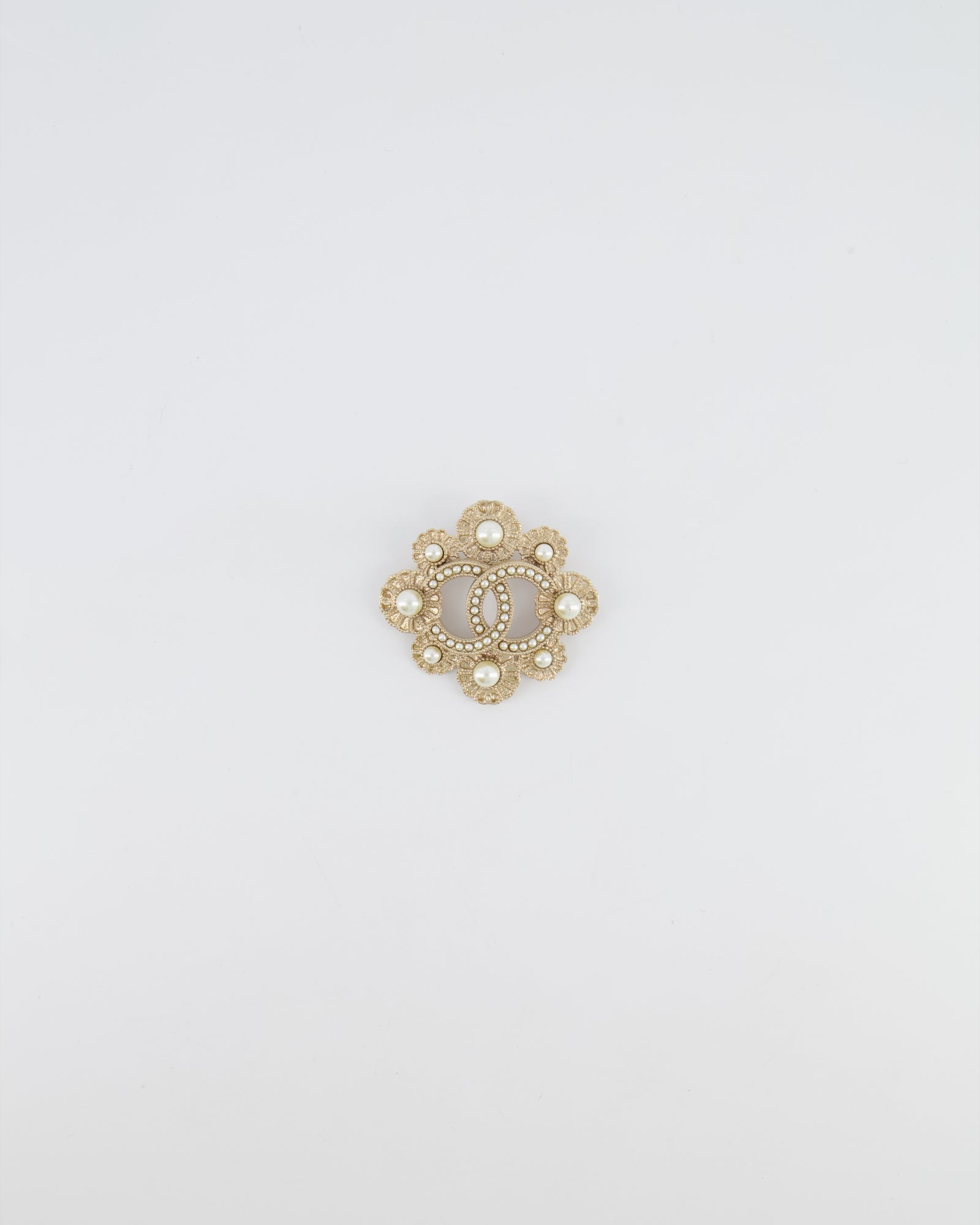 Chanel 16A Champagne Gold Textured Floral CC Logo Brooch with