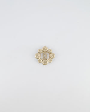 Chanel 16A Champagne Gold Textured Floral CC Logo Brooch with Pearl Embellishments