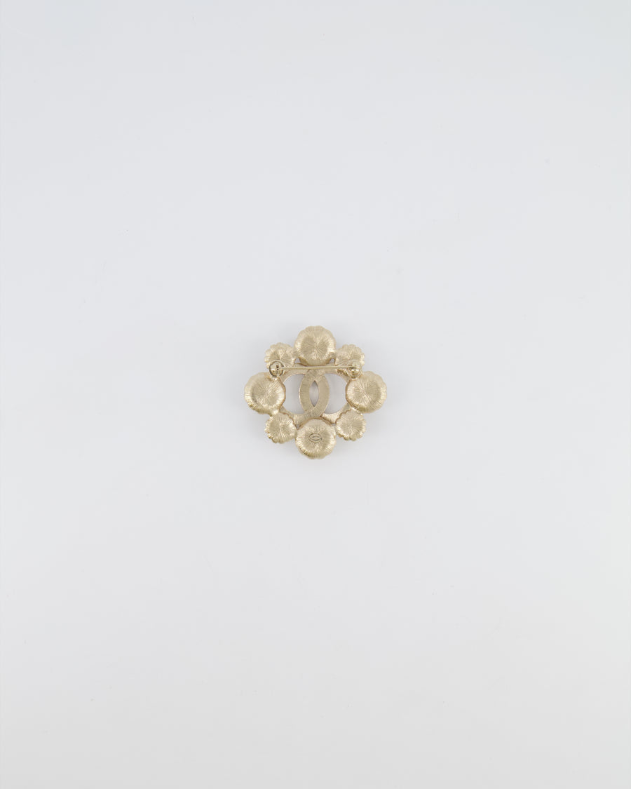 Chanel 16A Champagne Gold Textured Floral CC Logo Brooch with Pearl Embellishments