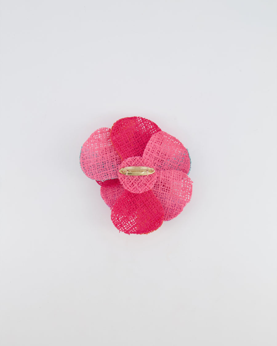 Chanel 16C Multi-Colour Camellia Woven Brooch with Orange CC Logo Detail