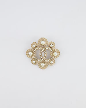 Chanel 16A Champagne Gold Textured Floral CC Logo Brooch with Pearl Embellishments