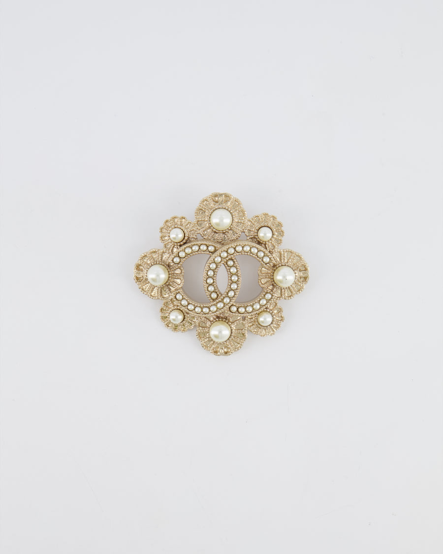 Chanel 16A Champagne Gold Textured Floral CC Logo Brooch with Pearl Embellishments