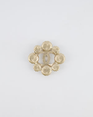 Chanel 16A Champagne Gold Textured Floral CC Logo Brooch with Pearl Embellishments