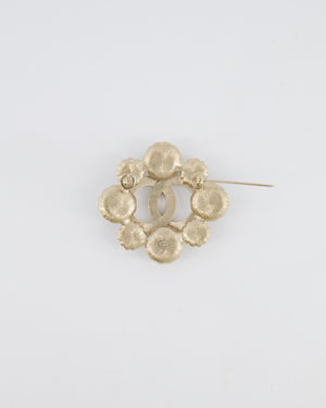 Chanel 16A Champagne Gold Textured Floral CC Logo Brooch with Pearl Embellishments