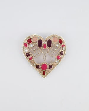 Chanel 16K Gold Textured Pearl and Crystal Embellished Heart Brooch with CC Logo Peace Signs and Purple and Pink Enamel Details
