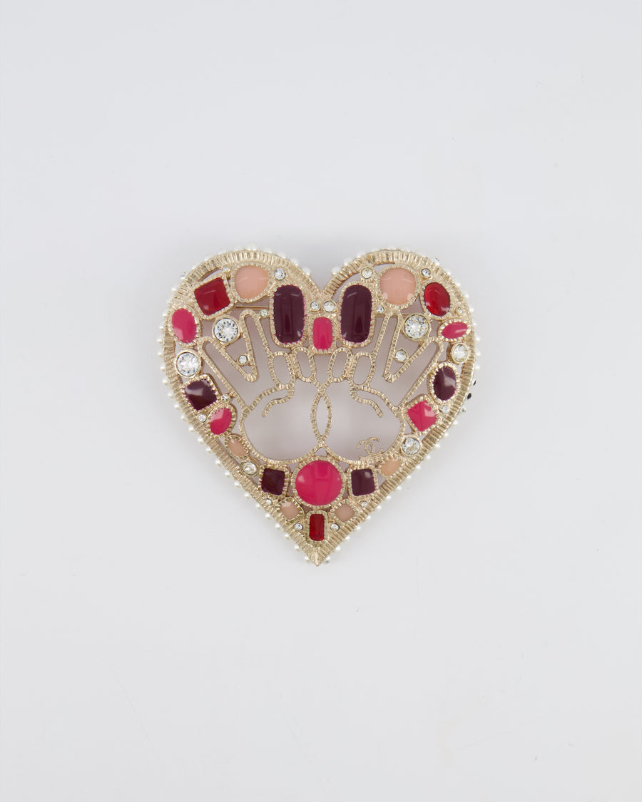 Chanel 16K Gold Textured Pearl and Crystal Embellished Heart Brooch with CC Logo Peace Signs and Purple and Pink Enamel Details