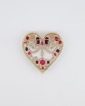 Chanel 16K Gold Textured Pearl and Crystal Embellished Heart Brooch with CC Logo Peace Signs and Purple and Pink Enamel Details