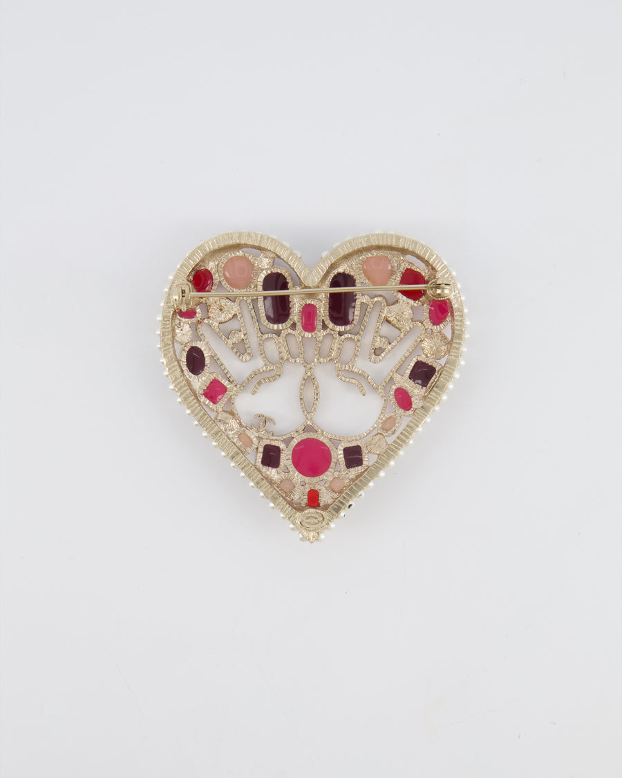 Chanel 16K Gold Textured Pearl and Crystal Embellished Heart Brooch with CC Logo Peace Signs and Purple and Pink Enamel Details
