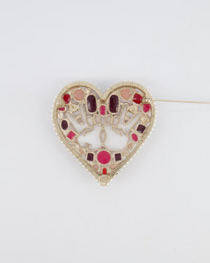 Chanel 16K Gold Textured Pearl and Crystal Embellished Heart Brooch with CC Logo Peace Signs and Purple and Pink Enamel Details