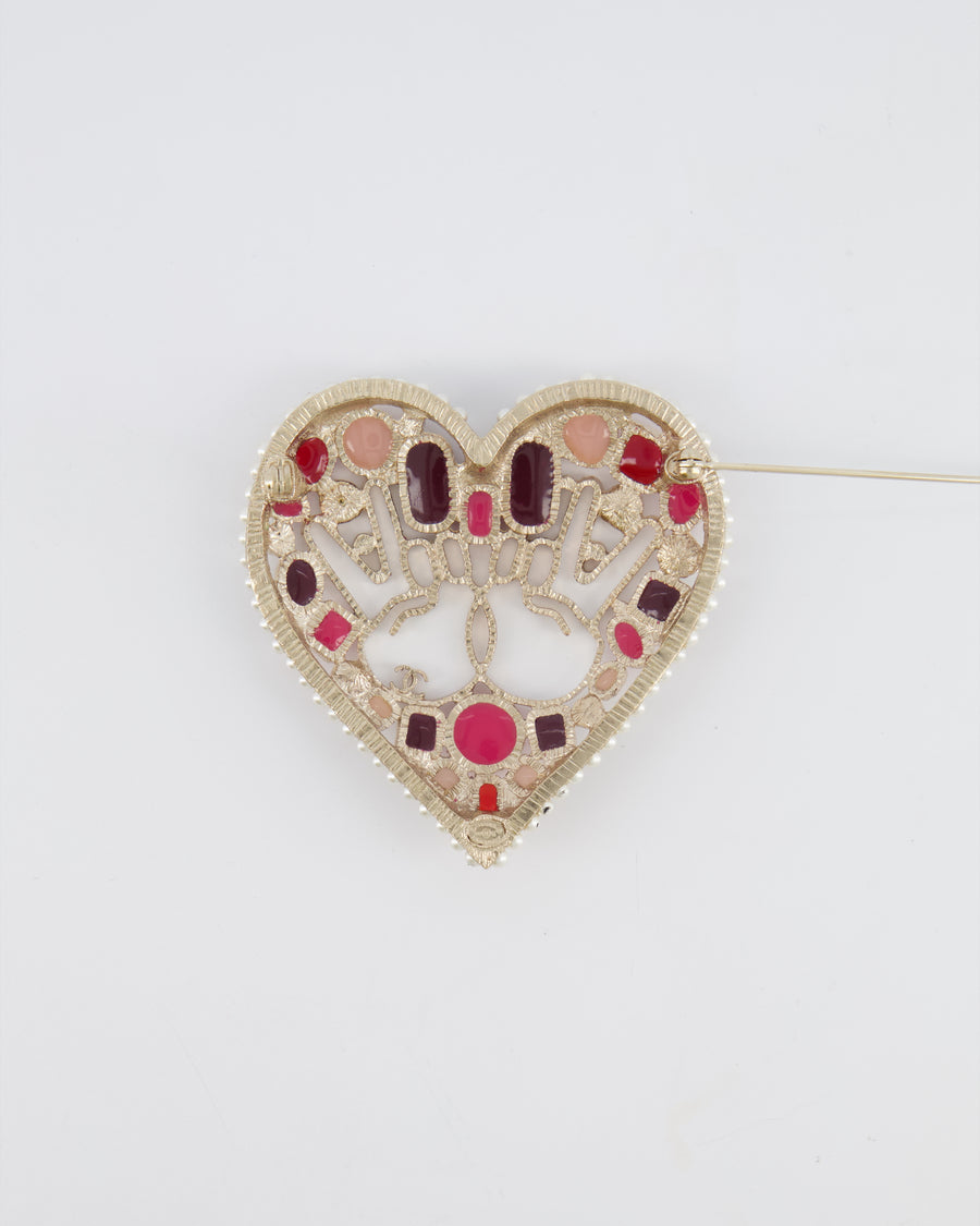Chanel 16K Gold Textured Pearl and Crystal Embellished Heart Brooch with CC Logo Peace Signs and Purple and Pink Enamel Details