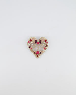 Chanel 16K Gold Textured Pearl and Crystal Embellished Heart Brooch with CC Logo Peace Signs and Purple and Pink Enamel Details