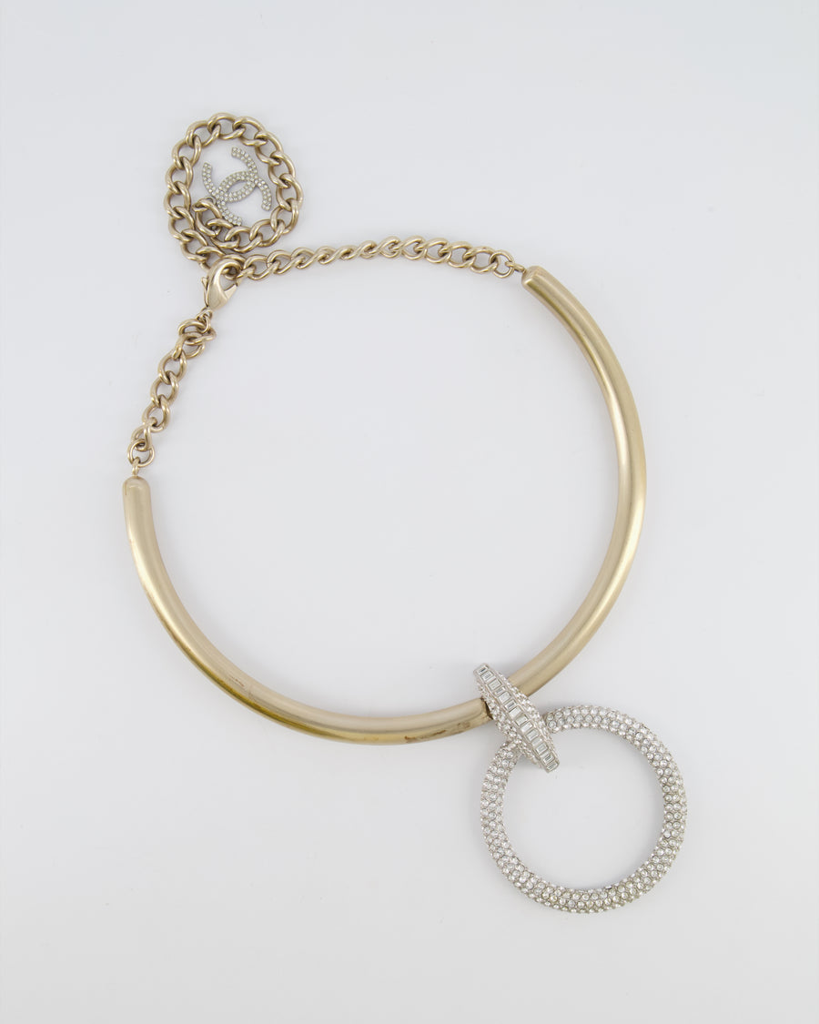 Chanel 16A Champagne Gold CC Choker Necklace with Crystal Embellished Round Pendant