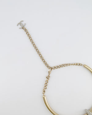 Chanel 16A Champagne Gold CC Choker Necklace with Crystal Embellished Round Pendant