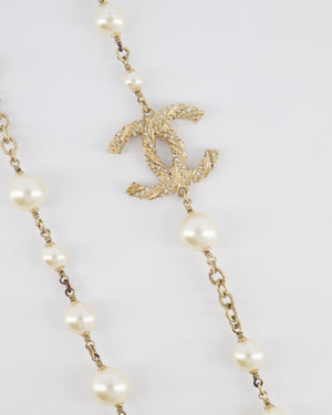 Chanel 15V Pearl Long Necklace with Gold Crystal Embellished Twisted CC Logo Detail