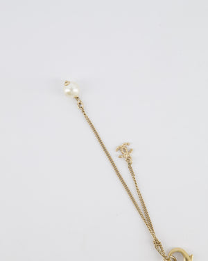 Chanel 15V Pearl Long Necklace with Gold Crystal Embellished Twisted CC Logo Detail