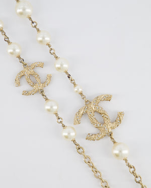 Chanel 15V Pearl Long Necklace with Gold Crystal Embellished Twisted CC Logo Detail