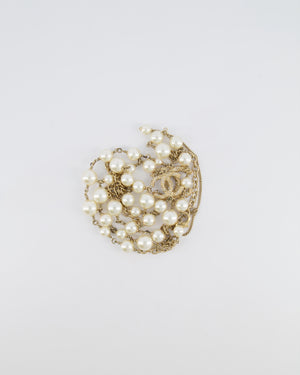 Chanel 15V Pearl Long Necklace with Gold Crystal Embellished Twisted CC Logo Detail