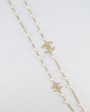 Chanel 15V Pearl Long Necklace with Gold Crystal Embellished Twisted CC Logo Detail