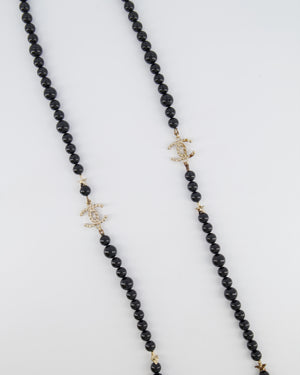Chanel 17C Black Bead Long Necklace with Silver Stars and Studded CC Logo Details