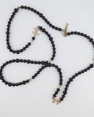 Chanel 17C Black Bead Long Necklace with Silver Stars and Studded CC Logo Details