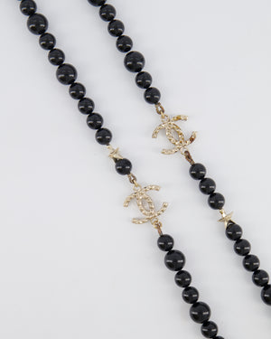 Chanel 17C Black Bead Long Necklace with Silver Stars and Studded CC Logo Details
