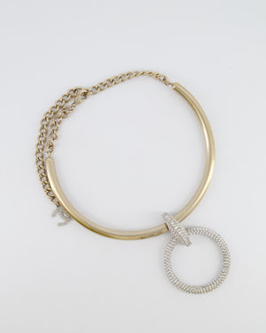 Chanel 16A Champagne Gold CC Choker Necklace with Crystal Embellished Round Pendant