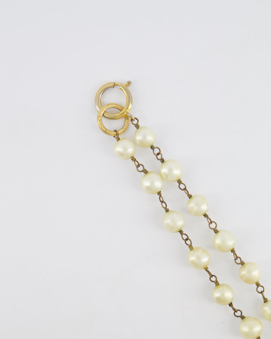 Chanel Vintage Pearl Long Necklace with Gold CC Logo Medallion Details