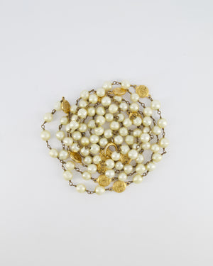 Chanel Vintage Pearl Long Necklace with Gold CC Logo Medallion Details