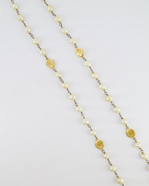 Chanel Vintage Pearl Long Necklace with Gold CC Logo Medallion Details