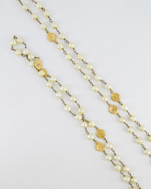 Chanel Vintage Pearl Long Necklace with Gold CC Logo Medallion Details