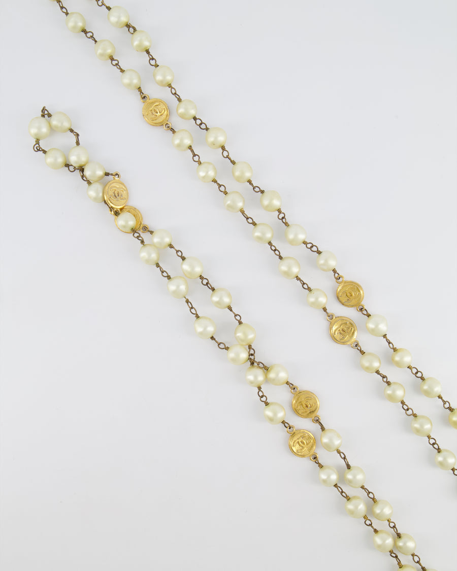 Chanel Vintage Pearl Long Necklace with Gold CC Logo Medallion Details