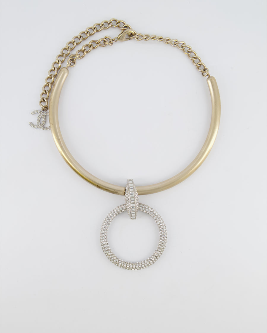 Chanel 16A Champagne Gold CC Choker Necklace with Crystal Embellished Round Pendant