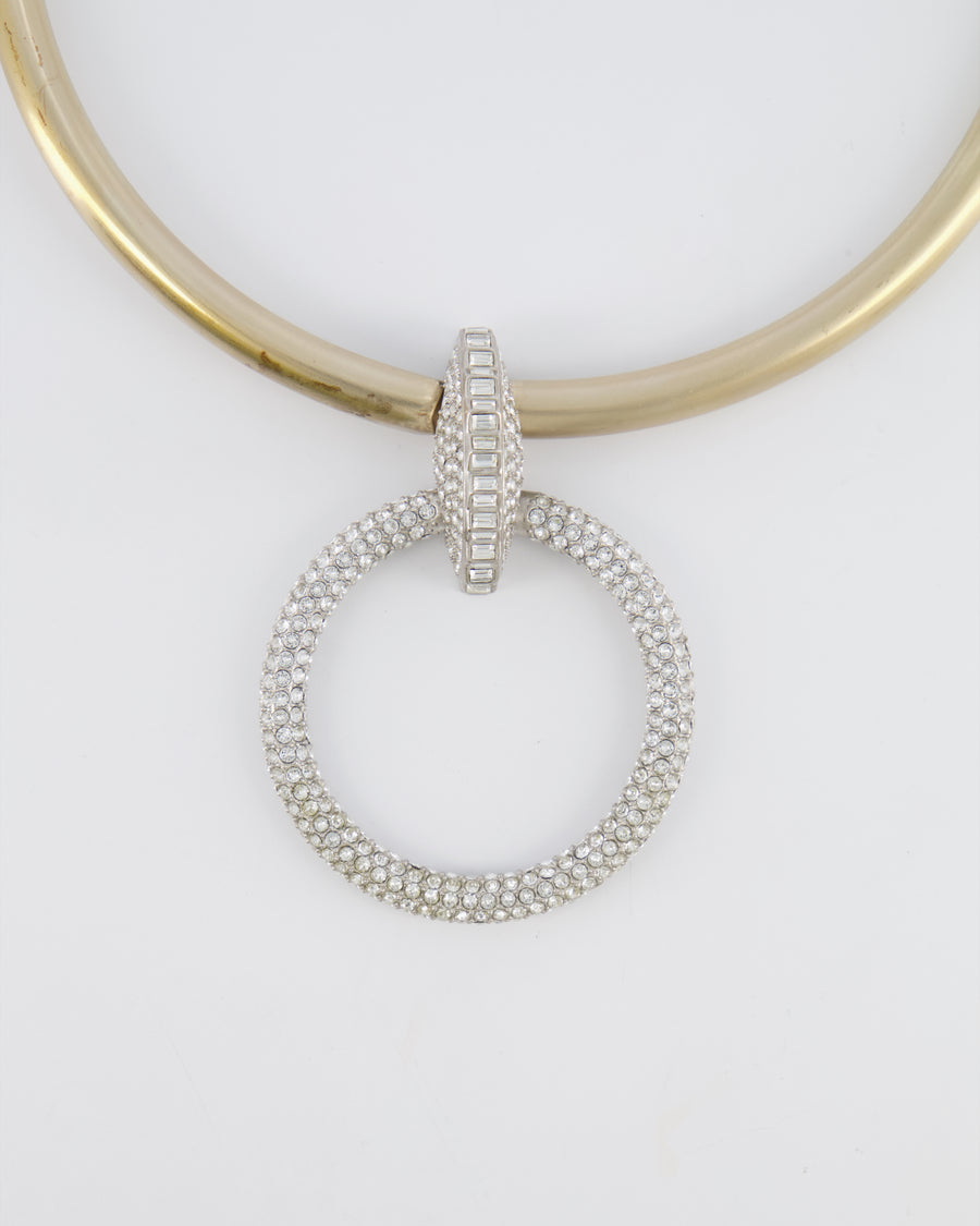 Chanel 16A Champagne Gold CC Choker Necklace with Crystal Embellished Round Pendant
