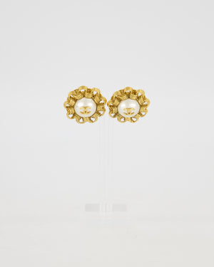 Chanel 93A Gold Clip-on Earrings with Rolo-Chain Border and Faux Pearl with CC Logo