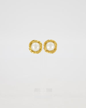 Chanel 93A gold clip-on Earring with Ornate Baroque frame and Faux Pearl with CC Logo