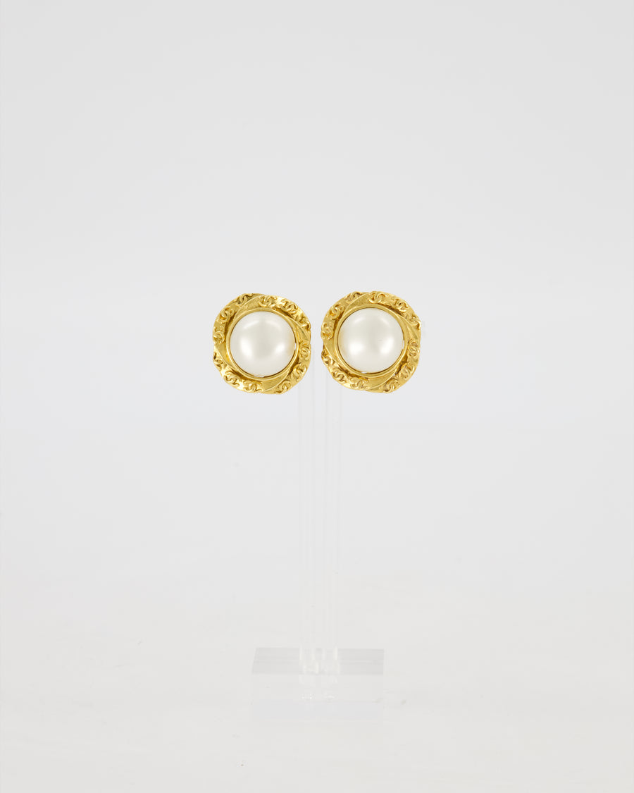 Chanel 93A gold clip-on Earring with Ornate Baroque frame and Faux Pearl with CC Logo