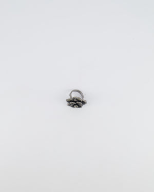 Chanel Dark Silver Camellia Ring with Black Stones and Crystals Embellishments