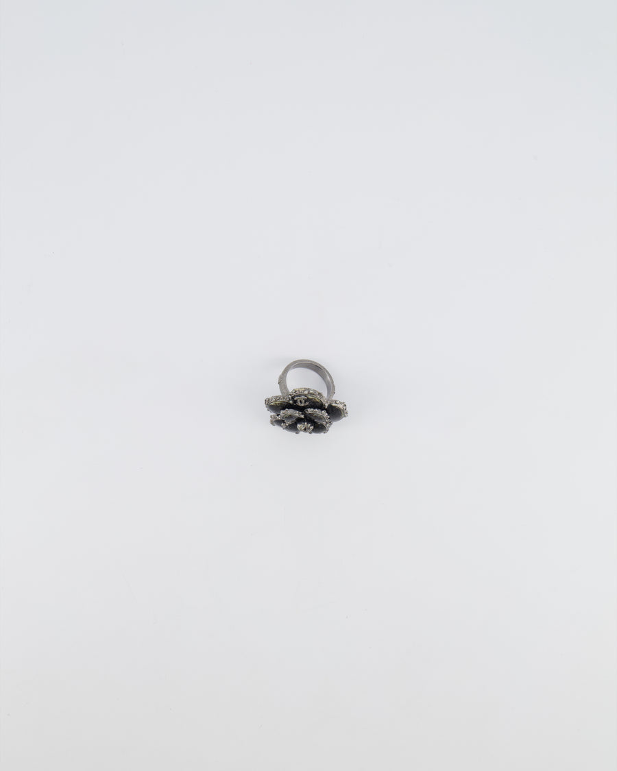Chanel Dark Silver Camellia Ring with Black Stones and Crystals Embellishments