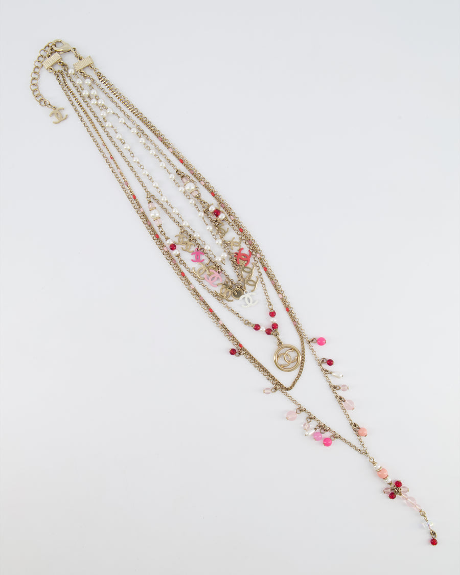 Chanel 19S Gold Multi-Strand Necklace with Pink Beads and Charm Details